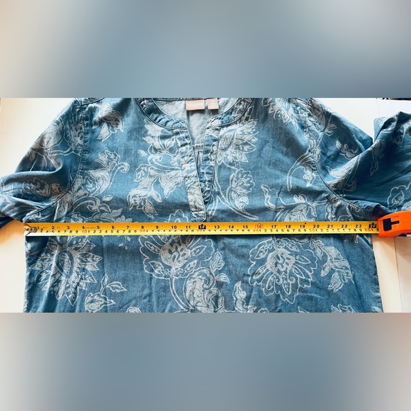 Chico's Women's flora Chambray Roll-tab 3/4 Sleeve Pullover Top Sz 3(XL/16) Blue - Picture 11 of 13